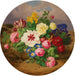 van een Bloemstuk met Rozen, Tulpen en Narcissen op een Zandachtige Ondergrond - Josef Lauer — gepresenteerd in een interieur