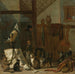 a painting of a concert of cats, owls, a magpie, and a monkey in a barn - Cornelis Saftleven — displayed in an interior