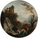 van een stel dat vist aan de voet van een waterval met ruïnes erboven - Charles-François Grenier De Lacroix — gepresenteerd in een interieur