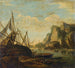 Een mediterrane kustlandschap met een schip - Salvator Rosa — weergave van het kunstwerk