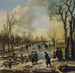 a winter landscape with villagers skating and playing kolf on a frozen canal, a village in the distance - Aert van der Neer — artwork view