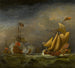 Een Engels oorlogsschip dat een Engels koninklijk jacht groet in ruwe zeeën - Cirkel van Willem van de Velde de Jonge — weergave van het kunstwerk