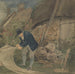 an old fisherman repairing nets with a house in the background - John Thirtle — displayed in an interior