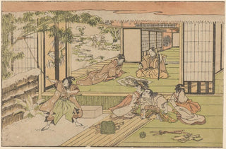 Utagawa Kuninao - Five Figures Watching Man Roping a Bamboo.webp