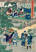 Acte VI Kampei Signerend de Rol van de Veertienenzestig Rōnin Okaru nadat ze verkocht is en in een draagstoel naar de bordeel van Kyoto wordt gebracht - Utagawa Kunisada Toyokuni III — weergave van het kunstwerk