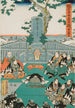 Acte XI Einde De Rônin brengen hulde aan het graf van Enya in de Sengakuji-tempel die de kop van Moronao als offer brachten - Utagawa Kunisada Toyokuni III — weergave van het kunstwerk