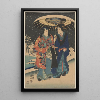 Utagawa Kunisada Toyokuni III - Snow Scene Woman in Blue Man in Red and Blue Under Black and White Umbrella.webp