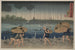 Personen Wandelend onder paraplu's langs de kust tijdens een storm - Utagawa Kuniyoshi — weergave van het kunstwerk