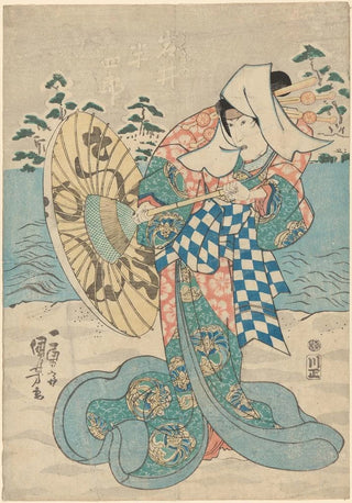 Utagawa Kuniyoshi - Snow Scene Female Figure in flowing blue green and pink robe.webp