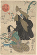 Sneeuwlandschap in december Meisje en vrouw met olijfgroene capuchon en waaier - Utagawa Kuniyoshi — weergave van het kunstwerk