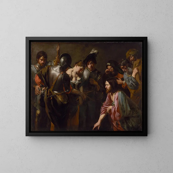 The Christ and the Woman Caught in Adultery - Valentin de Boulogne — framed artwork on a wall