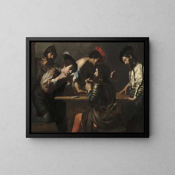 Soldiers playing cards and dice, the cheaters - Valentin de Boulogne — framed artwork on a wall