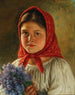 van een meisje met een boeket lila - Vasili Timofeevich Timofeev — weergave van het kunstwerk