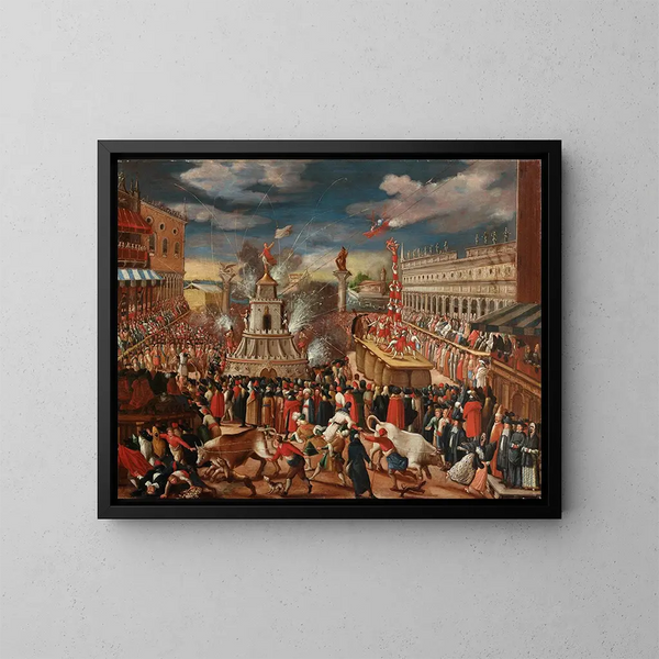 the Giovedì grass festival with the Hercules Forces at the Piazetta in Venice - Venetian School — framed artwork on a wall