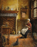 Binnenhuis schilderij met een vrouw die breit - Victor Anthonis — weergave van het kunstwerk