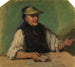 Old Black Forest Woman with an eye shadow and playing cards in her right hand sitting behind a table - Johann Baptist Kirner — artwork view
