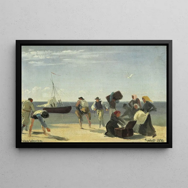 Voyageurs d'Anholt en route de la plage vers un voilier en attente - Viggo Johansen — framed artwork on a wall