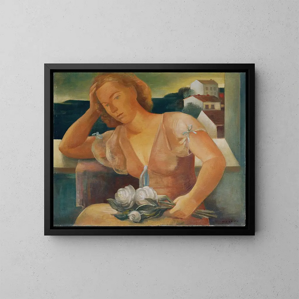 The artist's wife with flowers - Viktor Planckh — framed artwork on a wall