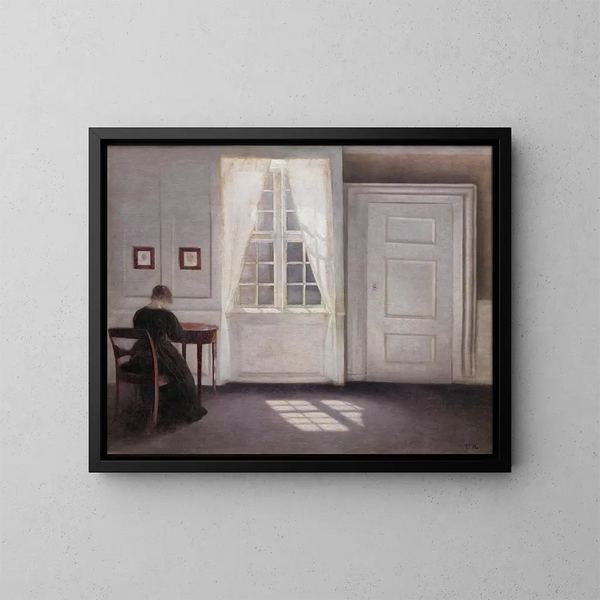 Een kamer in het huis van de kunstenaar aan Strandgade, Kopenhagen, met de vrouw van de kunstenaar - Vilhelm Hammershøi — ingelijst kunstwerk aan de muur