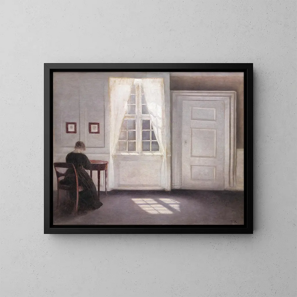 Binnenaanzicht aan Strandgade, zonlicht op de vloer - Vilhelm Hammershøi — ingelijst kunstwerk aan de muur