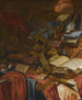 Vanitasstilleven met fluit, schedel, bladmuziek, gouden kroon, dolk, schelpen en andere voorwerpen op een deels gedrapeerde tafel – Vincent Laurensz van der Vinne I — weergave van het kunstwerk