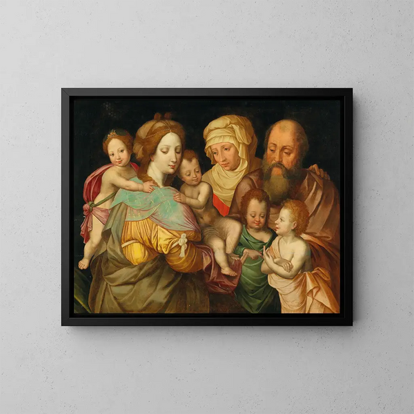 De Heilige Verwantschap: Anne en Joachim met Maria Cléophas en haar vier zonen - Vincent Sellaer — ingelijst kunstwerk aan de muur