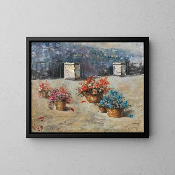 Sunny Terrace Painting with Flower Pots - Vincenzo Irolli — framed artwork on a wall