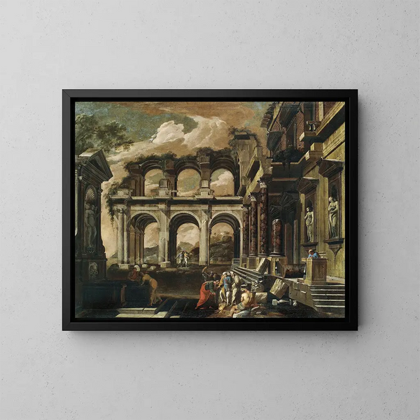 a Caprice of the inner courtyard of a ruined palace with the miracle of Saint Paul - Viviano Codazzi — framed artwork on a wall