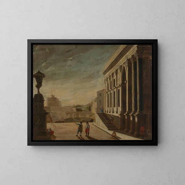 Vue fantaisiste romaine avec vue sur le château Saint-Ange - Viviano Codazzi — framed artwork on a wall