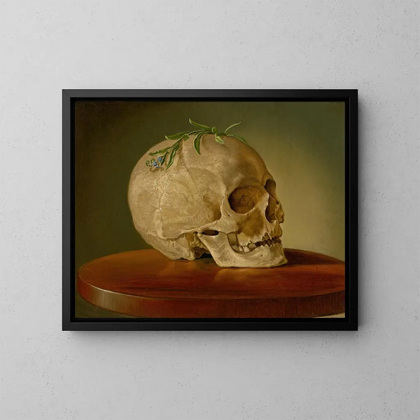 Still life with a skull and a forget-me-not - Vojtech Klimkovič — framed artwork on a wall