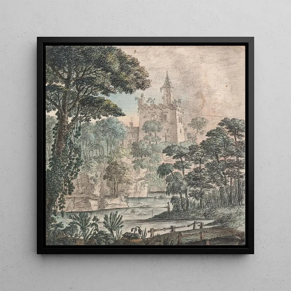 Vue de paysage d'un château en ruines avec un pont en bois et une figure pêchant - Henry Swinburne