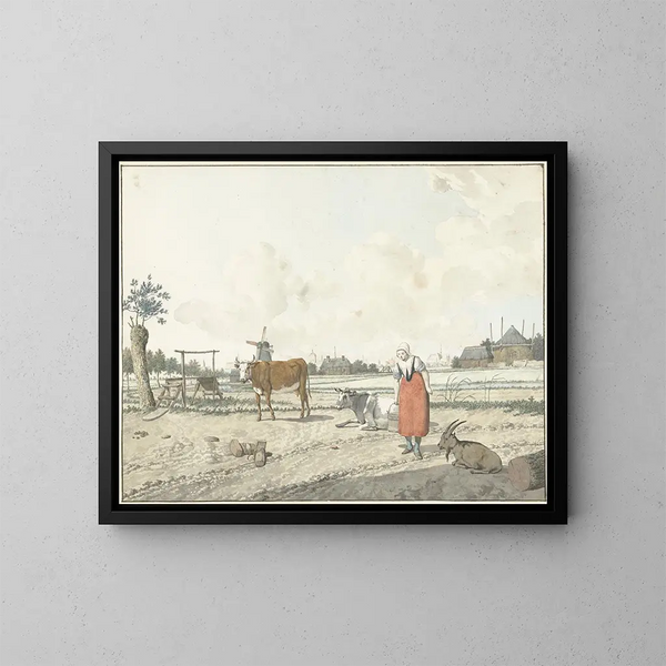 Landscape with peasant and livestock - W. Barthautz — framed artwork on a wall