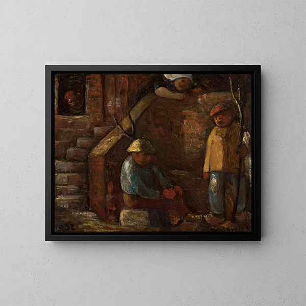 Scene near the stairs - Wacław Wśowicz — framed artwork on a wall