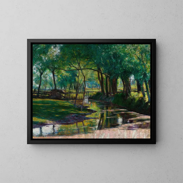 Landscape painting with a stream - Władysław Podkowiński — framed artwork on a wall