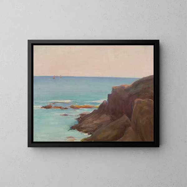 Marine landscape painting with three small boats - Władysław Ślewiński — framed artwork on a wall