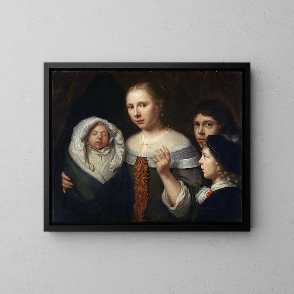 Portrait of a Young Woman with Three Children - Wallerant Vaillant — framed artwork on a wall