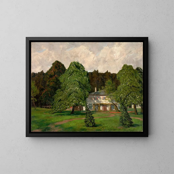 House behind flowering chestnut trees - Walter Leistikow — framed artwork on a wall