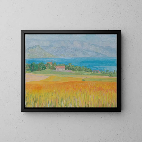 van het maïsveld aan de rand van de Attersee - Walther Gamerith — ingelijst kunstwerk aan de muur