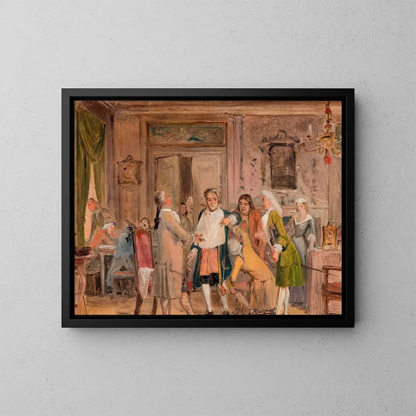Scene of the trials of Vielgeschrey, by Holberg, Act 1, Scene 6, sketch - Wilhelm Marstrand — framed artwork on a wall