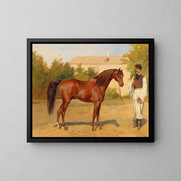 Horse race painting with a Hungarian groom - Wilhelm Richter — framed artwork on a wall