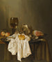 Een stilleven van Banketje met een Roemer Een zilveren kopje aan de zijkant Een ham Peaches Een zoutvaatje Een klein brood En een wit tafelkleed Op een gedeeltelijk gedrapeerde tafel - Willem Claesz. Heda — weergave van het kunstwerk