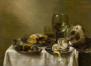 Willem Claesz Heda - A still life with an overturned silver tazza glassware pies and a peeled lemon on a table.webp