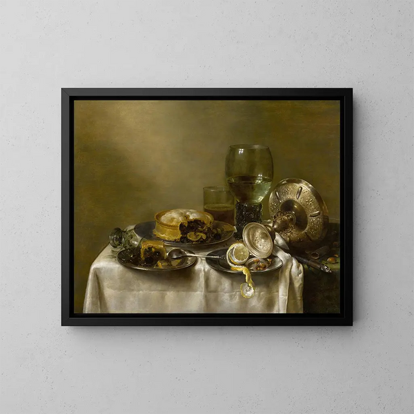 Nature morte with a silver bowl turned over, pastries, and a peeled lemon on a table - Willem Claesz Heda — framed artwork on a wall