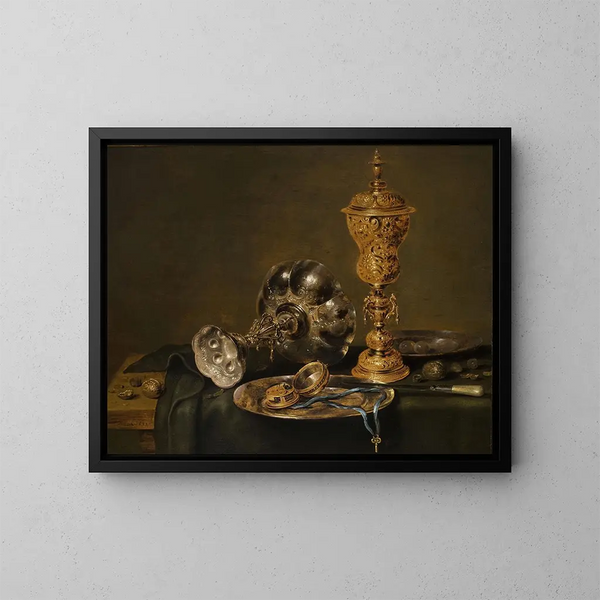 Still life with metal containers and a watch on a table - Willem Claesz Heda — framed artwork on a wall
