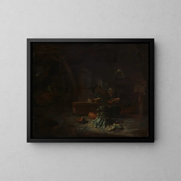 Interior of a kitchen - Willem Kalf — framed artwork on a wall