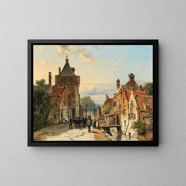 a painting A view of a Dutch city with characters talking - Willem Koekkoek — framed artwork on a wall