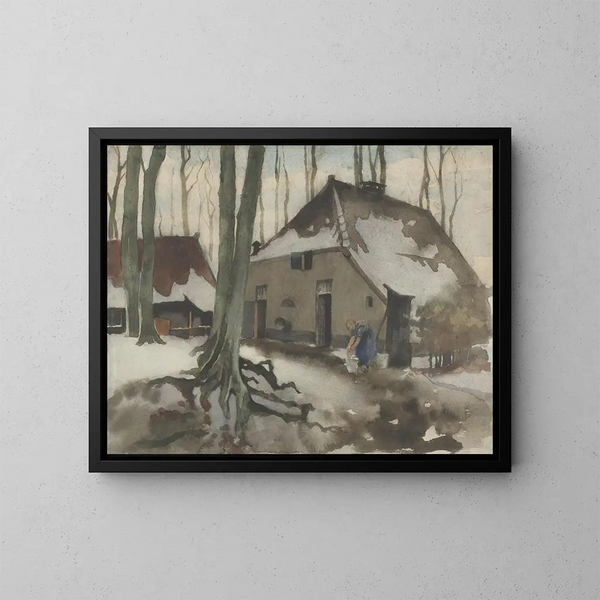 Woman in front of a house in a snowy forest - Willem Witsen — framed artwork on a wall