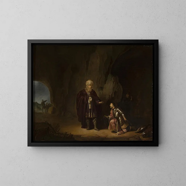 Saul and David in the Cave of En-Gedi - Willem de Poorter — framed artwork on a wall
