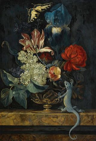 Willem van Aelst - A Still Life With Tulips And Other Flowers In A Vase On A Marble Ledge With A Lizard And A Butterfly.webp