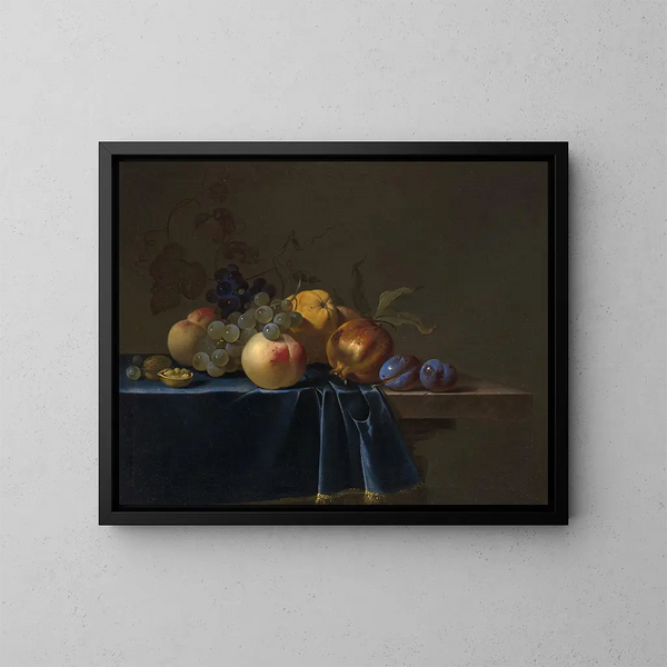 Peaches, grapes, pomegranate and plums on a cornice - Willem van Aelst — framed artwork on a wall